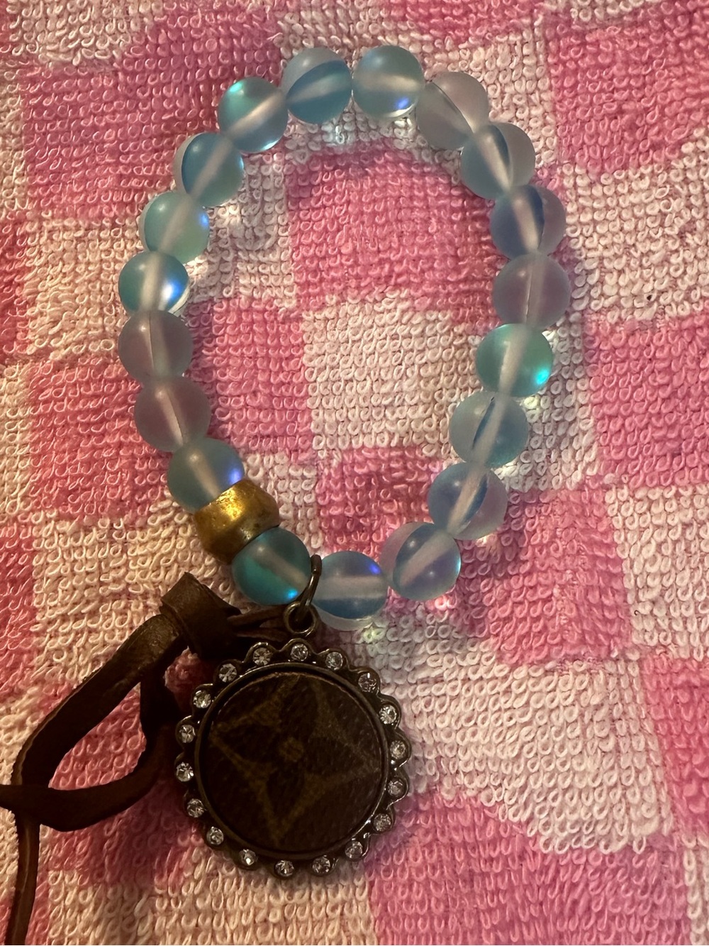 Light  Blue Beaded Bracelet with Rhinestone Pendant. Inspired upcycled